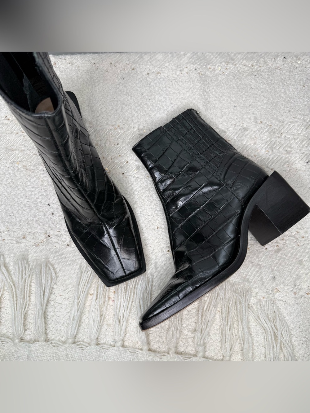 Schutz black Croc embossed leather square toe  block heel ankle boots - 8 1/2